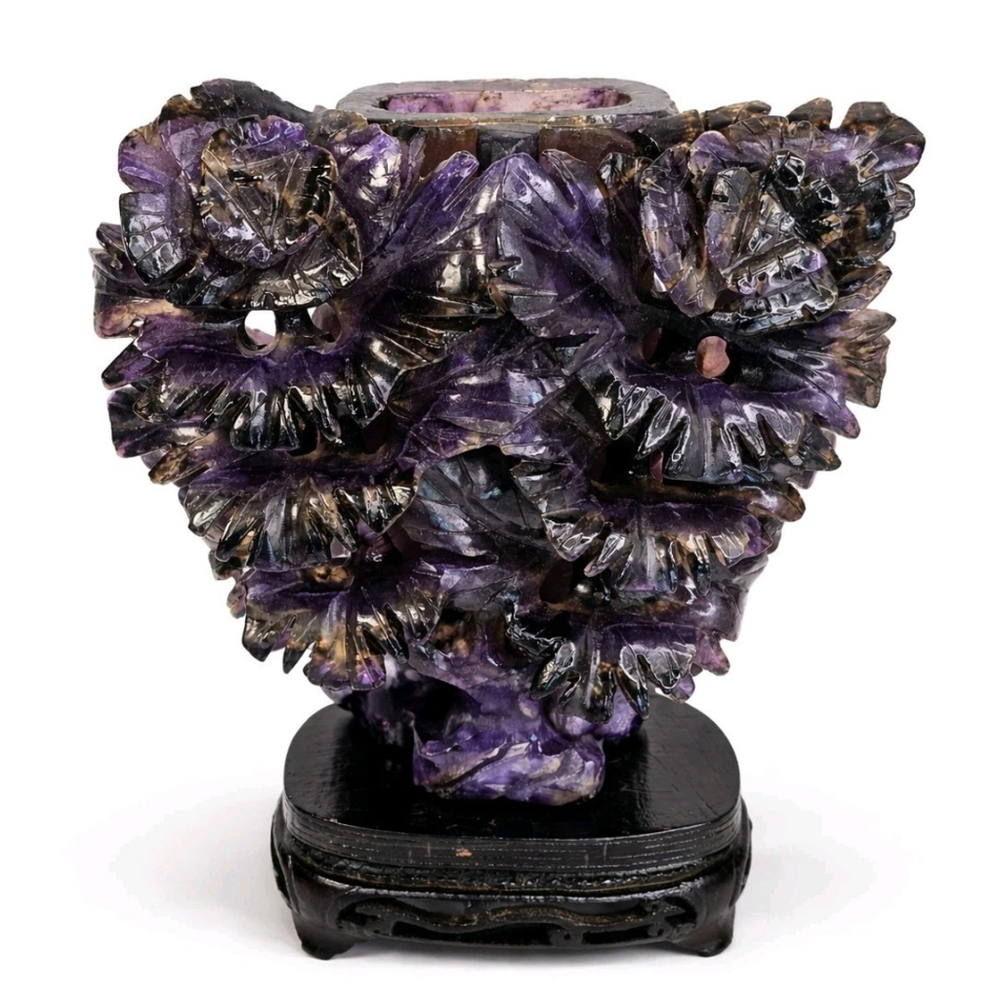 Amethyst Purple Floral Hand Carved Art Studio Vase Large Heavy Stunning Chinese
